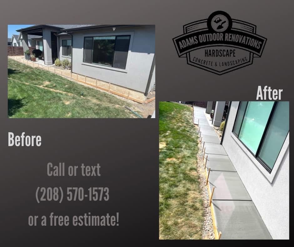 Before-and-after house siding and walkway repair, with “After” logo and call/text estimate info.