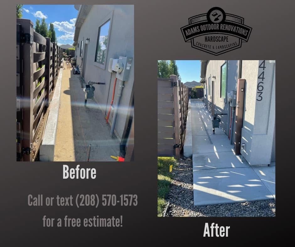 Before-and-after of a narrow concrete side path with added railing, showing improved accessibility.