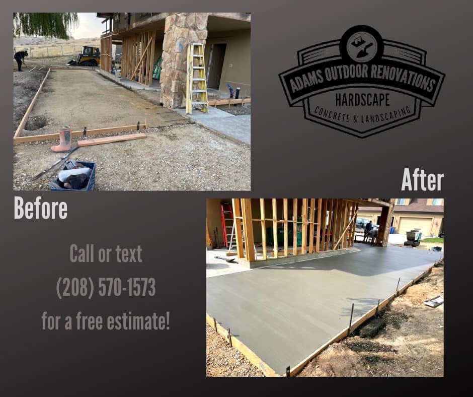 Before-and-after patio renovation: gravel replaced with smooth concrete under a covered porch.