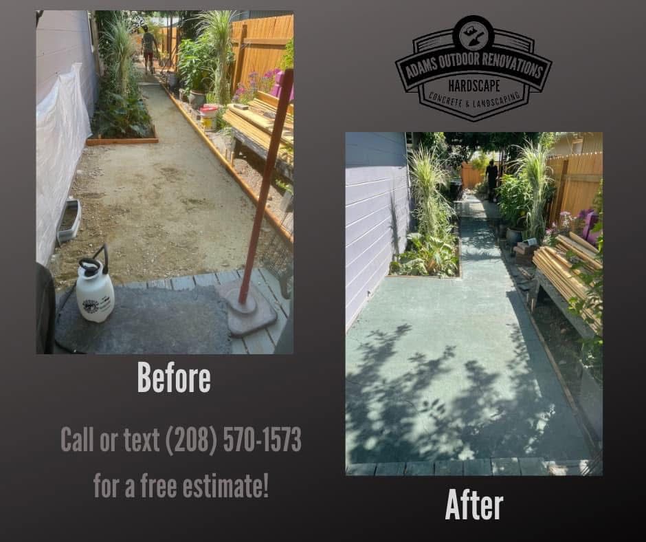 Before-and-after patio makeover: gray walkway transformed to smooth green surface with plants and bench.