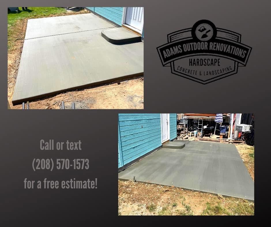 Concrete patio before-and-after photos with Adams Outdoor Renovations logo and free estimate contact info.