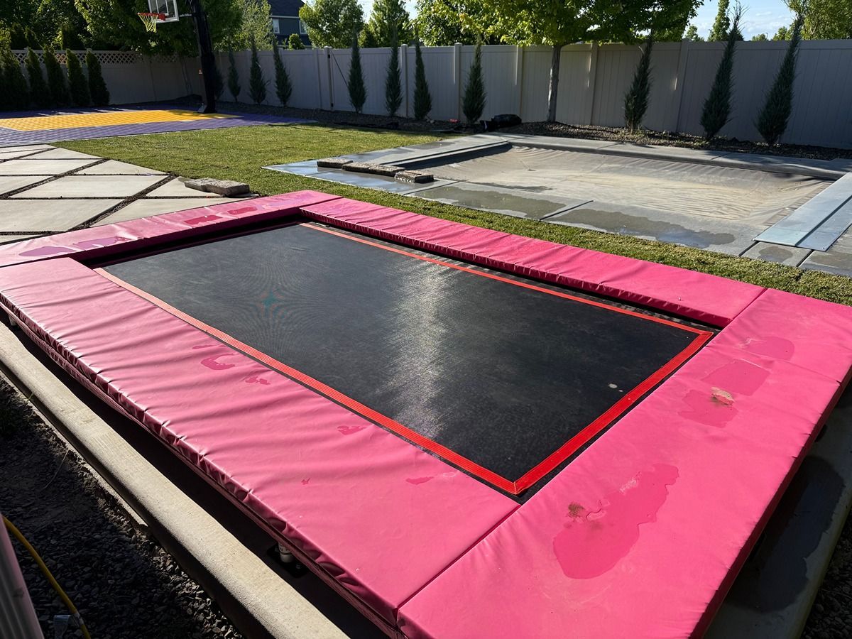 Outdoor trampoline with pink padding and black jumping surface in a backyard