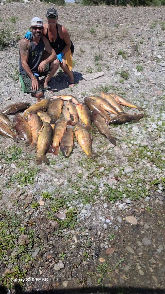 Two men are kneeling next to a pile of fish on the ground.