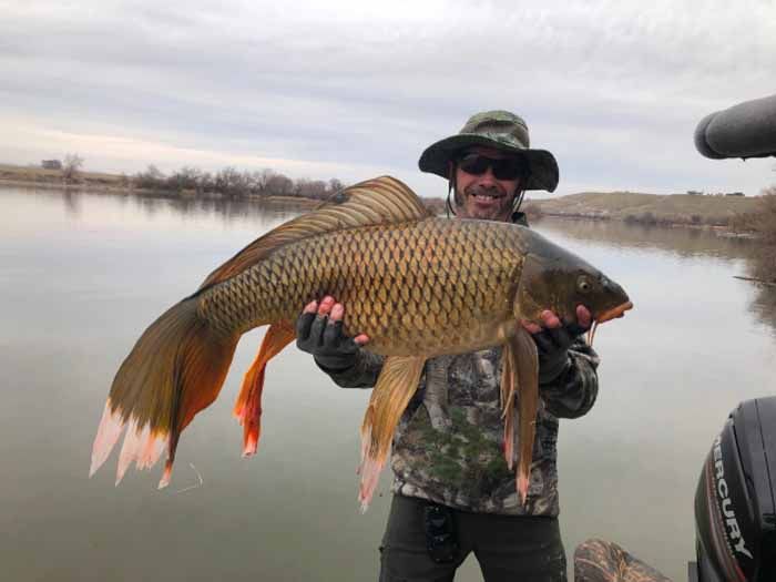 A man is holding a large fish in front of a lake.