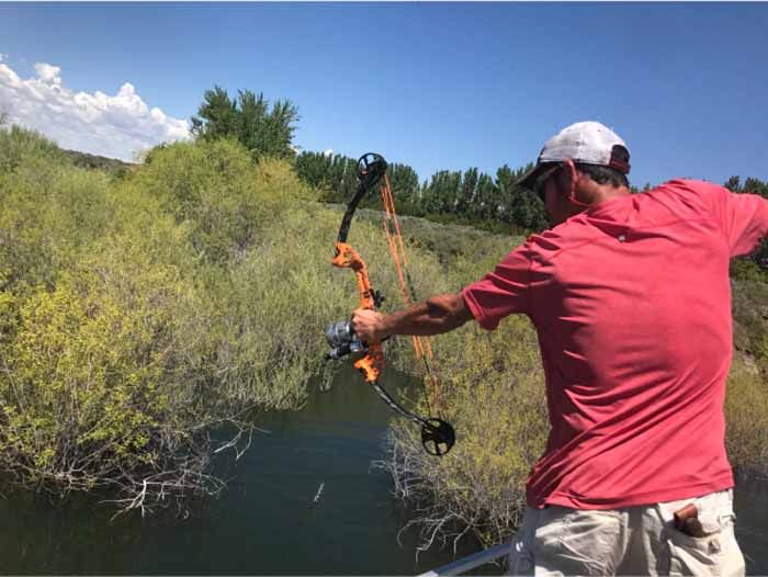 Man aims a bow and arrow over water with green foliage in the background under a blue sky.