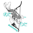 Koi fish with an arrow shot through it, with the words "Grinz Finz Bowfishing".