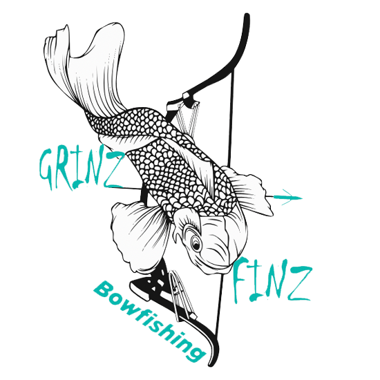 Koi fish with an arrow shot through it, with the words "Grinz Finz Bowfishing".