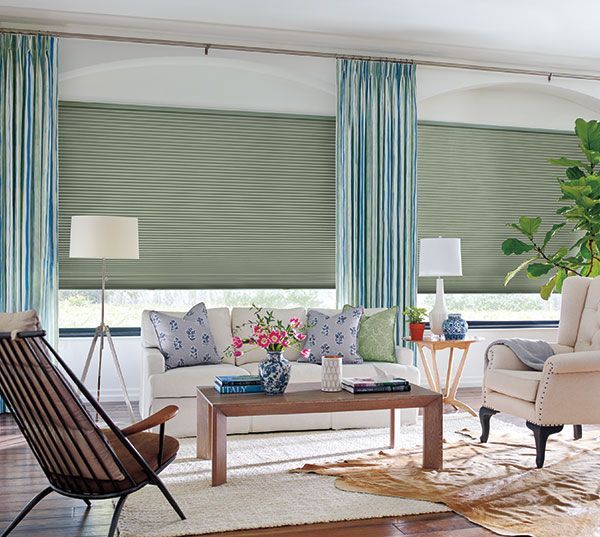 Bright living room with striped blinds, blue curtains, and a wood coffee table with cushions and plants