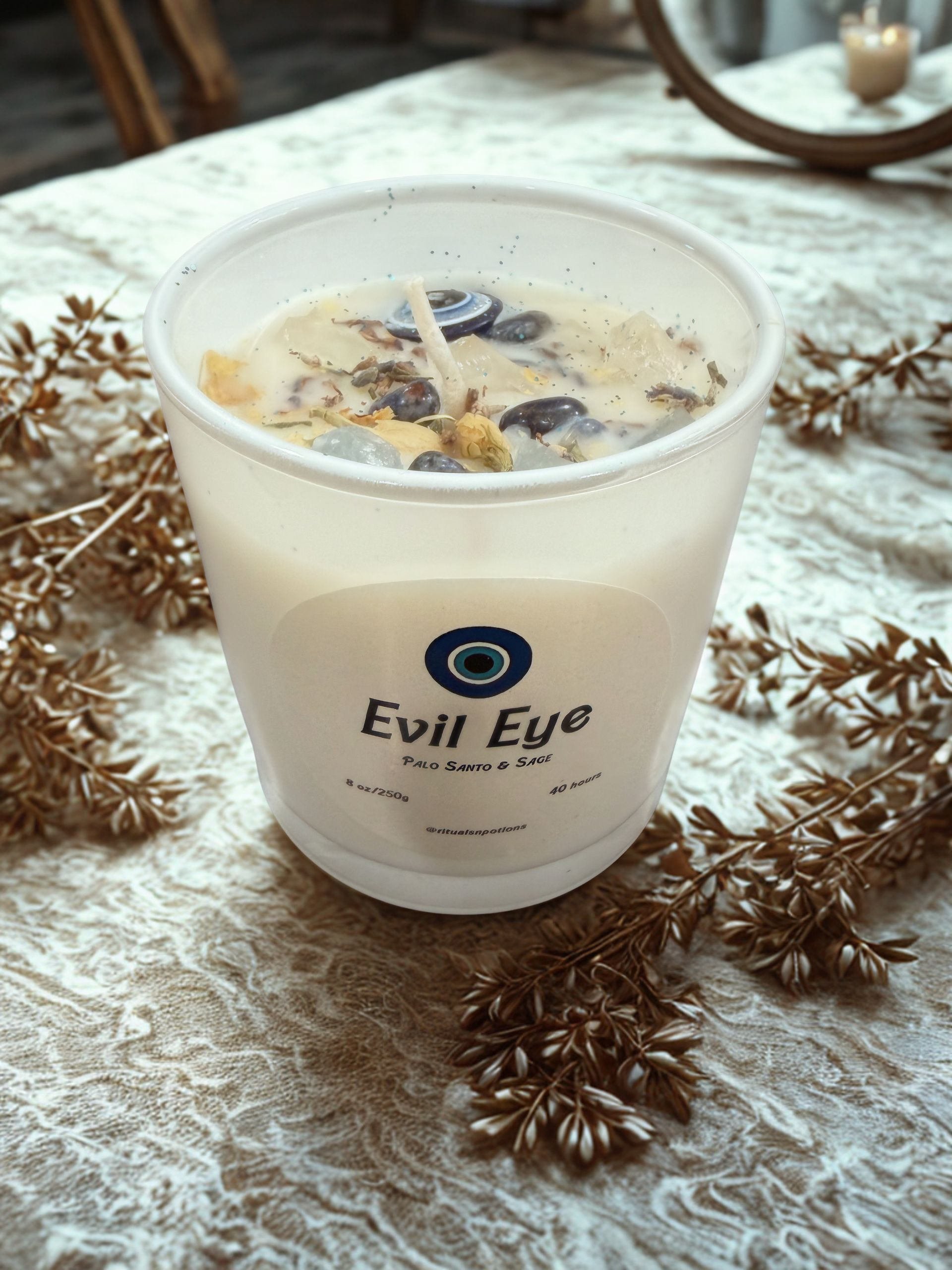 Evil Eye Manifesting Crystal Candle (Palo Santo & Sage) 8 oz