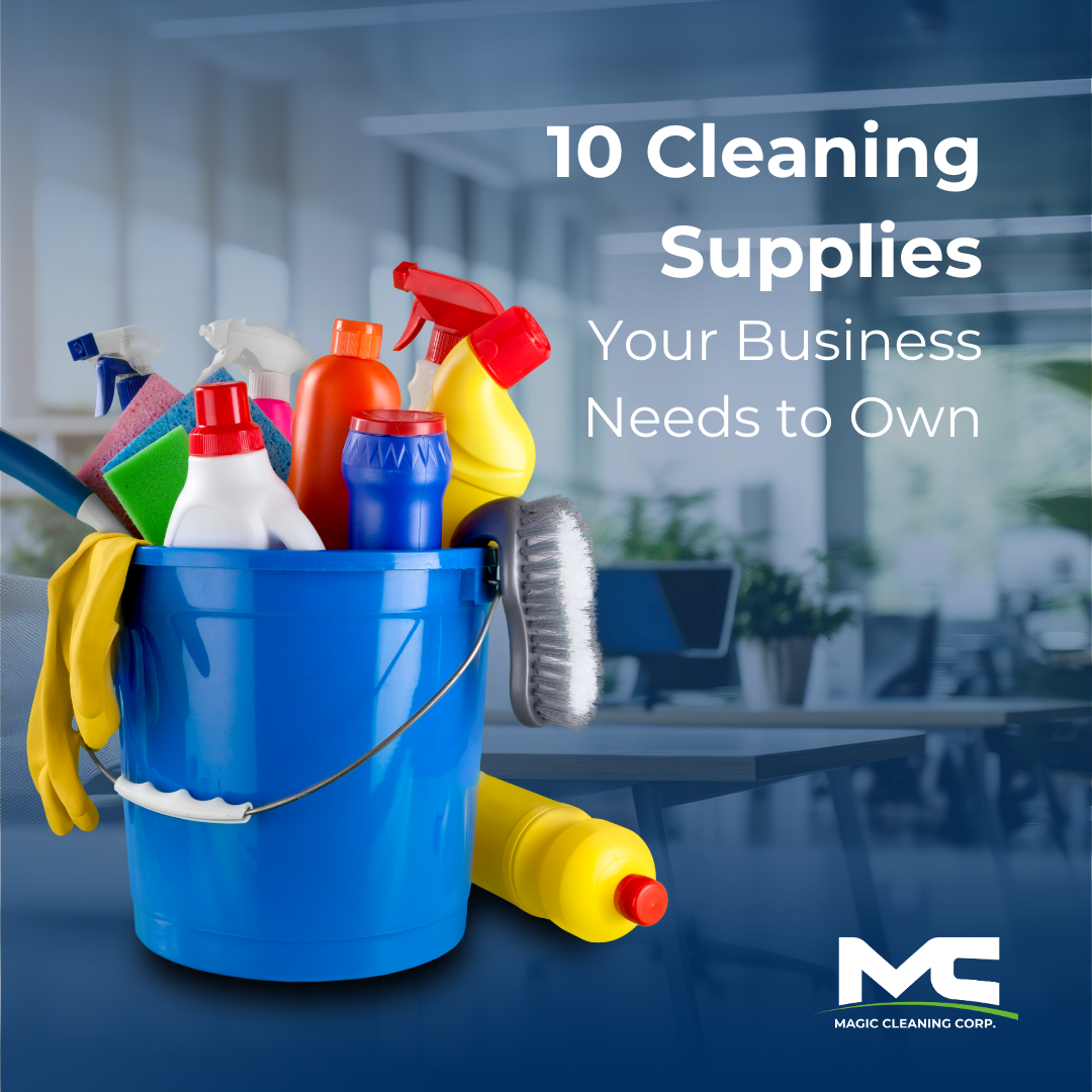 A blue bucket filled with cleaning supplies in an office.