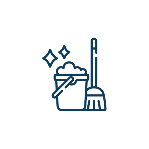 A line drawing of a bucket and mop on a white background.