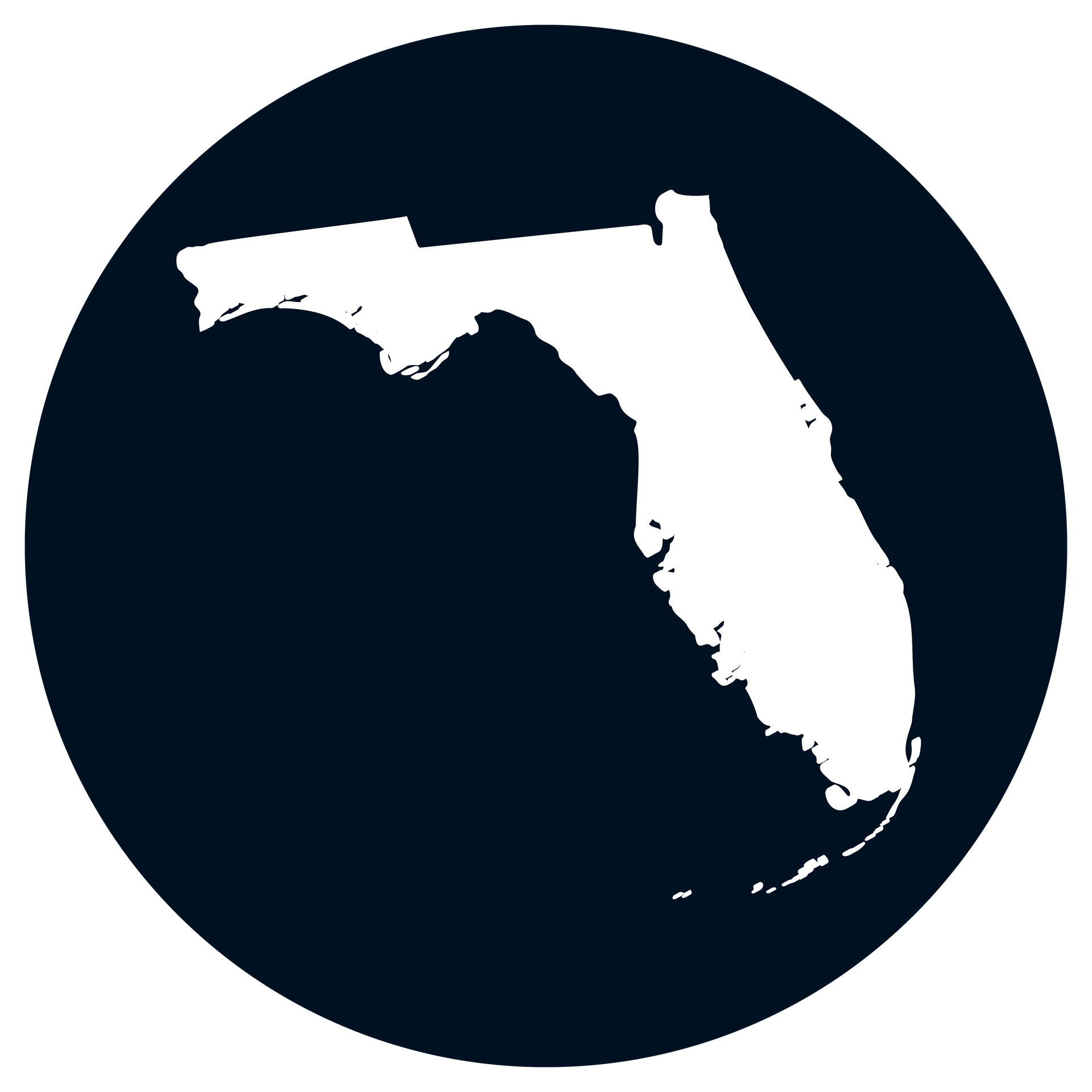 White silhouette of Florida on a dark blue circular background