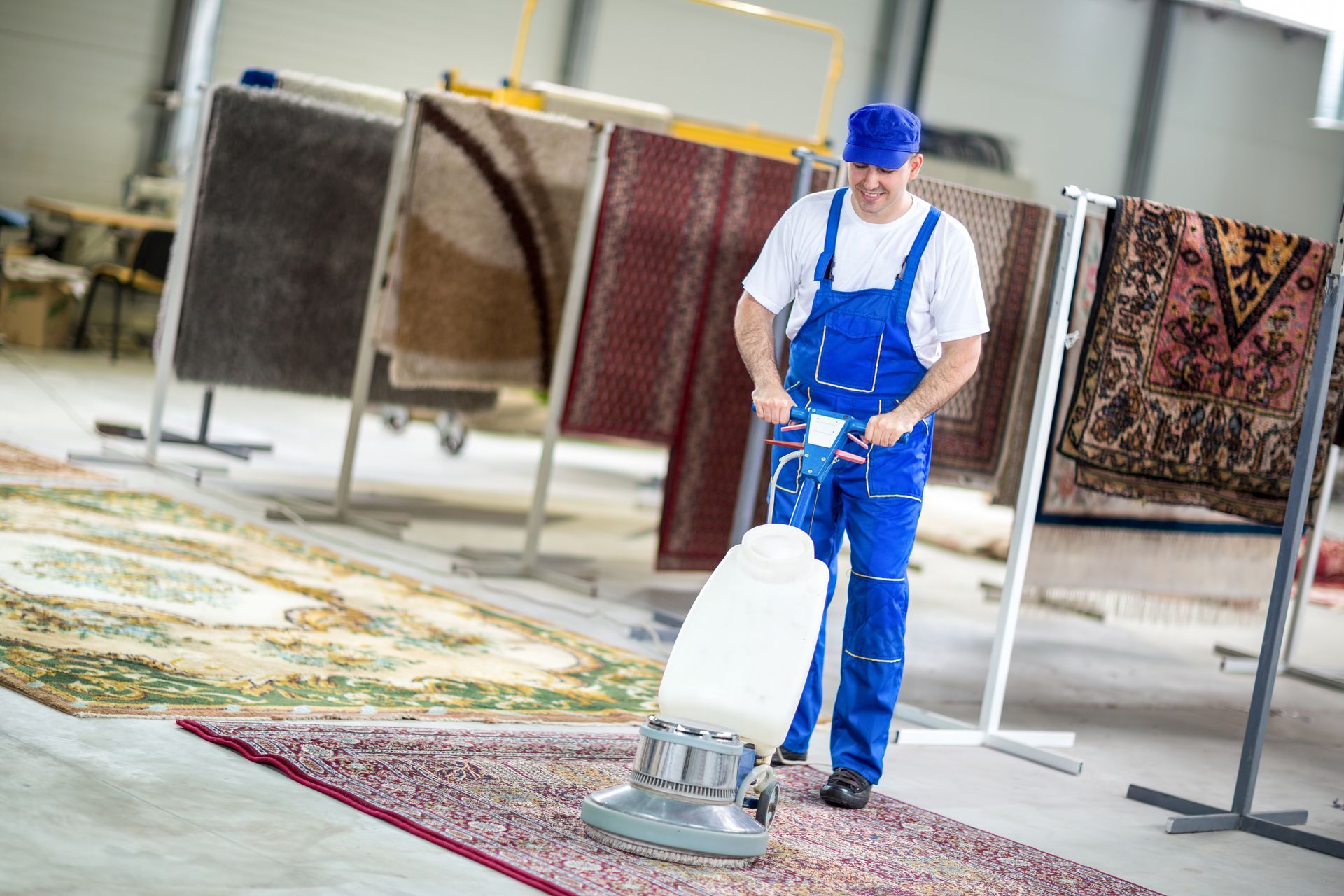Technician performing deep rug cleaning to remove dirt and allergens from fibers.