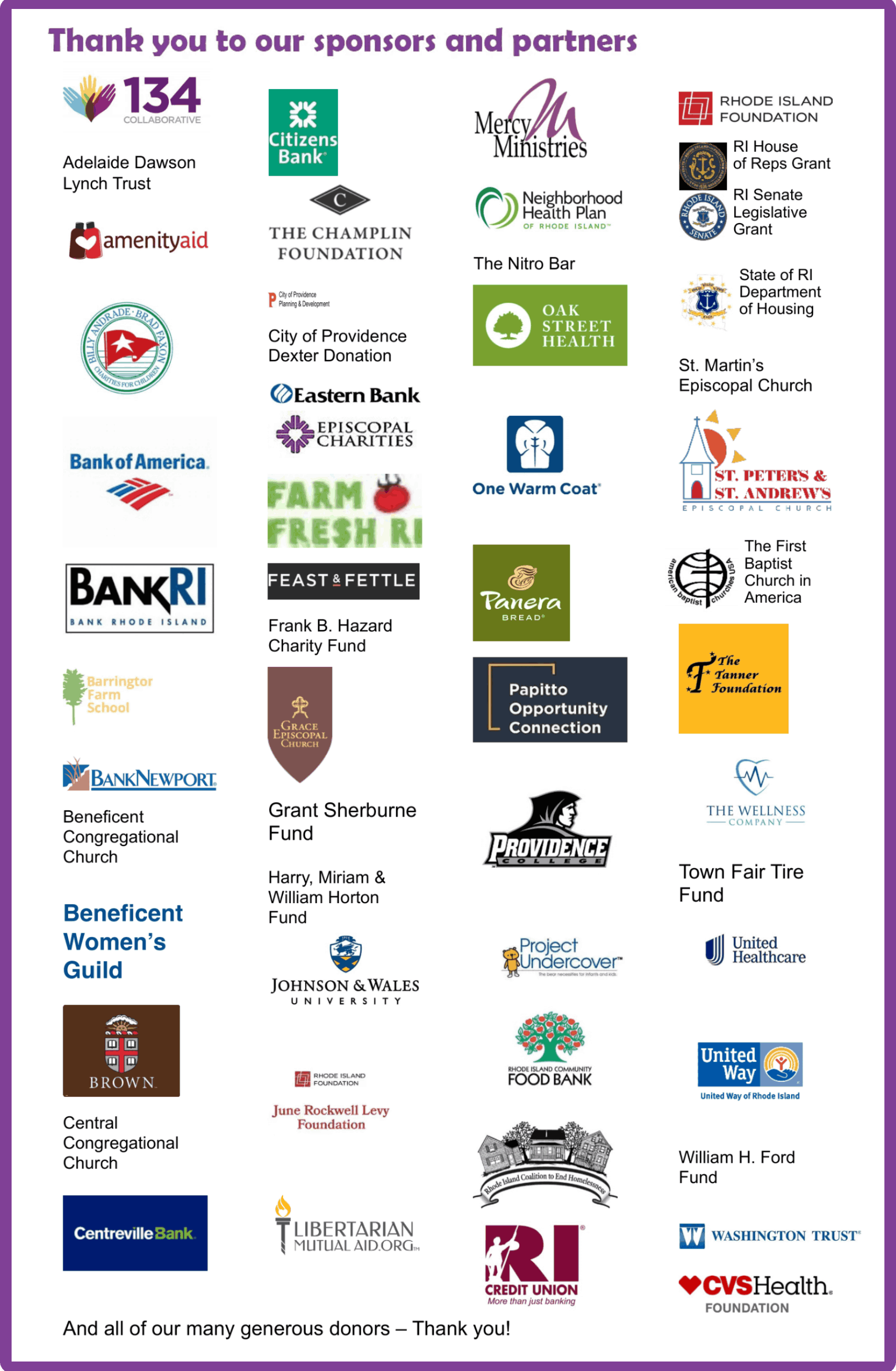 A purple thank you to our sponsors and partners page