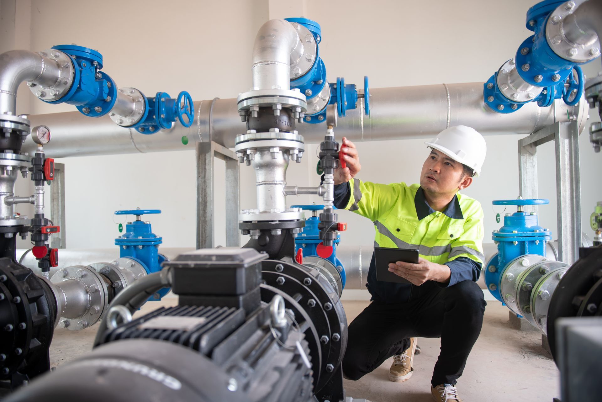A worker inspecting and adjusting valves on a complex network of metal pipes and machinery. A worker inspecting and adjusting valves on a complex network of metal pipes and machinery.