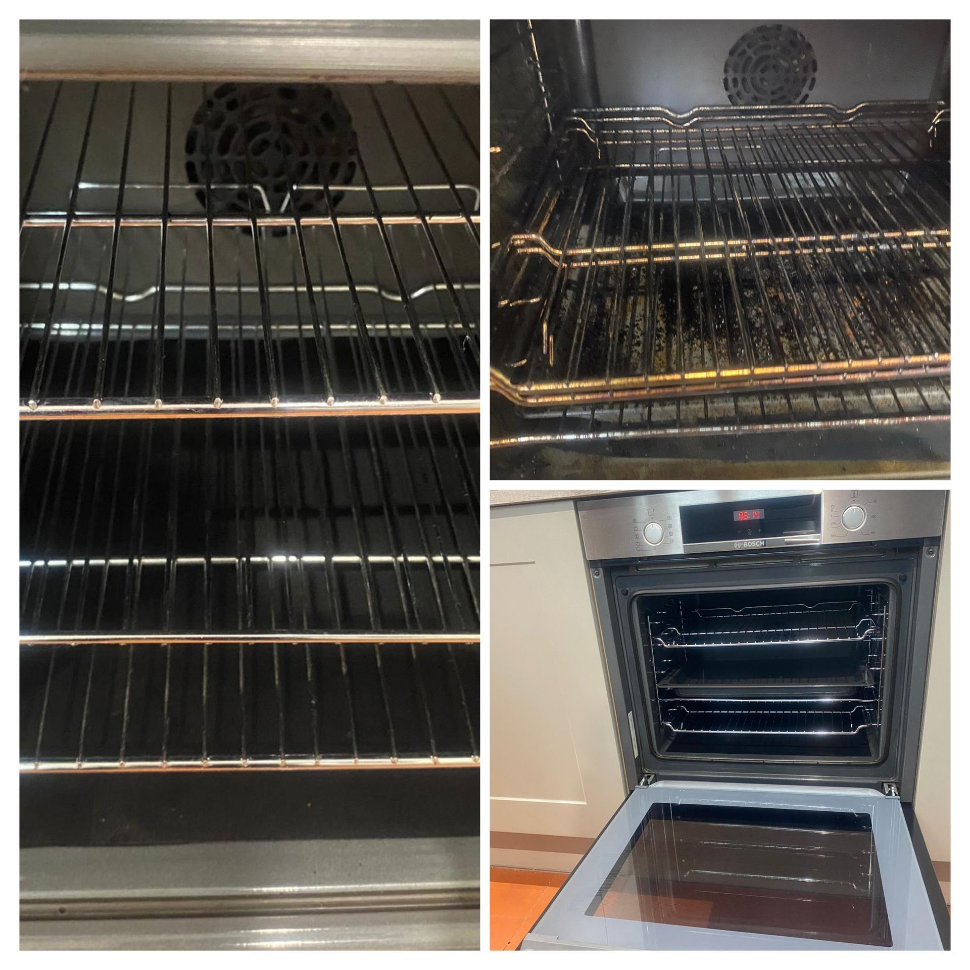 A collage of four pictures of an oven before and after being cleaned