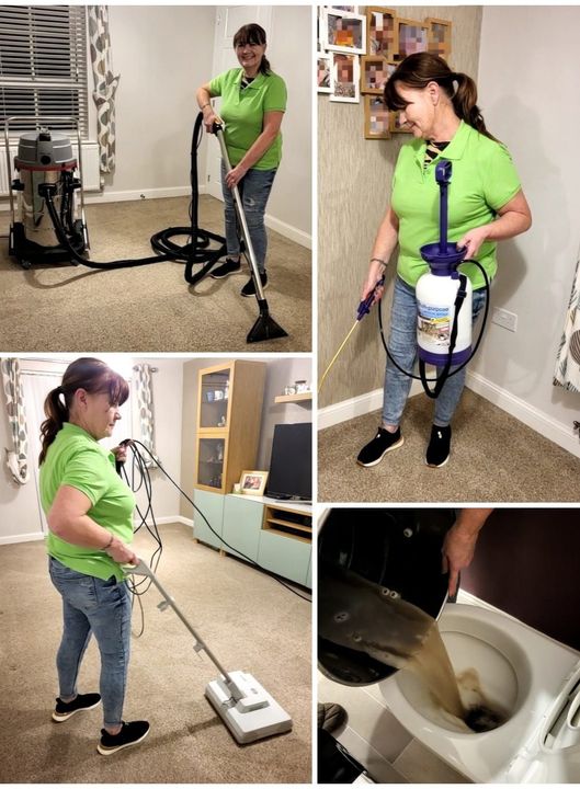 a woman in a green shirt is cleaning a room with a vacuum cleaner .