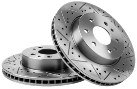 Two silver perforated brake rotors stacked and angled on a white background | Mechanic On Duty CB LLC