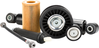 Assorted automotive replacement parts, including belts, filters, rollers, and pulleys on a white background | Mechanic On Duty CB LLC