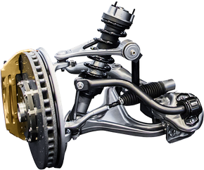 Car suspension and brake assembly with wheel hub, control arms, and gold brake caliper on white background | Mechanic On Duty CB LLC