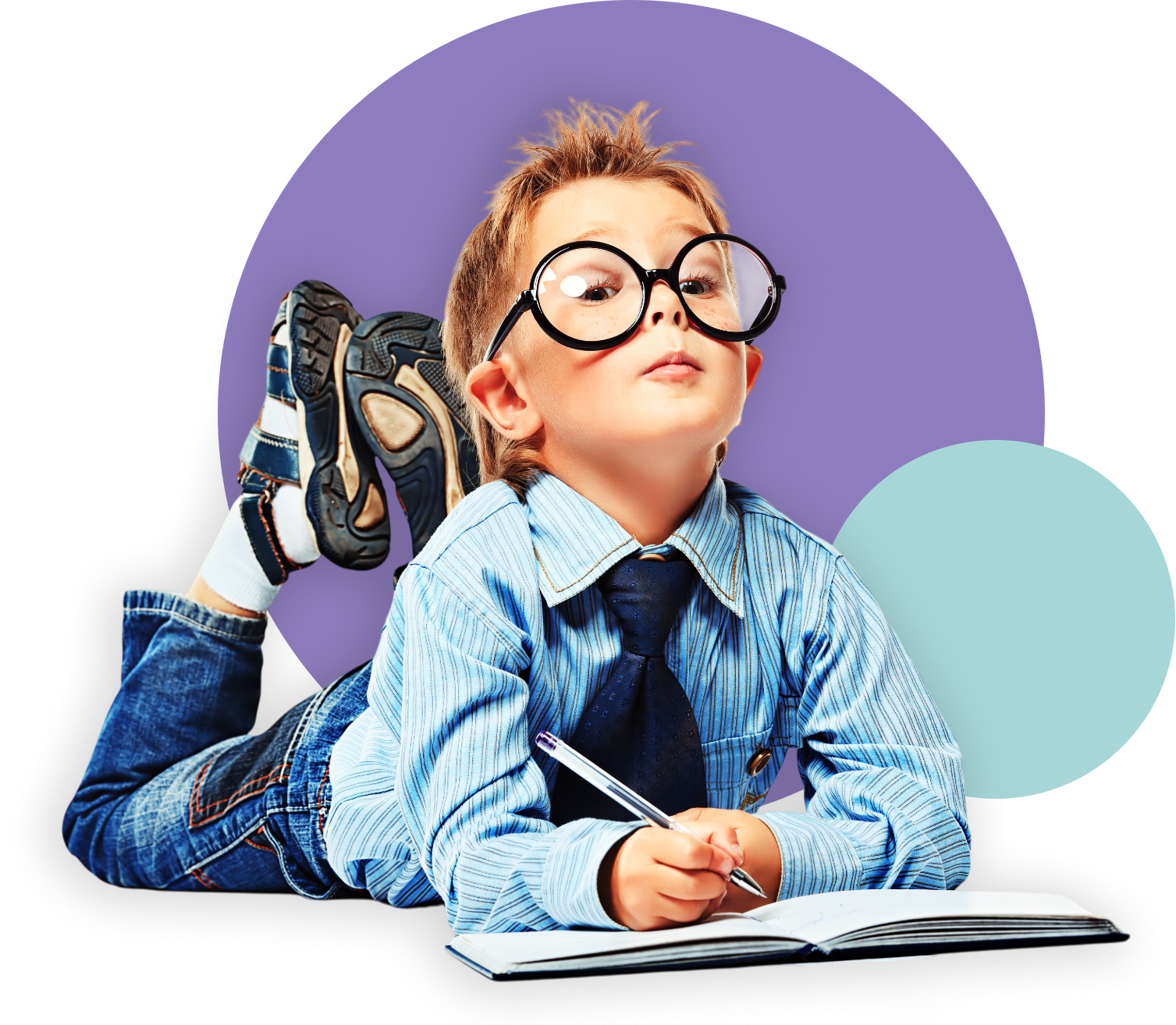 Child lying on floor writing in notebook, wearing oversized glasses and sneakers on a purple background