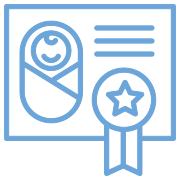 Blue line icon of a baby on a certificate with a medal and star badge