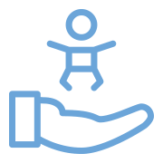 Blue icon of a hand gently catching a small person figure above it