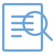 Blue document with a magnifying glass, suggesting search or review of text.