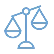 Blue justice scales icon with a balanced balance beam and base