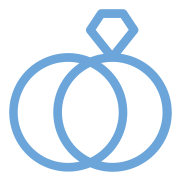 Blue outline of two overlapping rings with a hexagon-shaped diamond above them