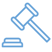 Blue gavel and sound block icon, symbolizing law or judgment