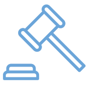 Blue gavel and sound block icon on a white background