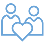 Two outlined people with a heart between them in light blue lines