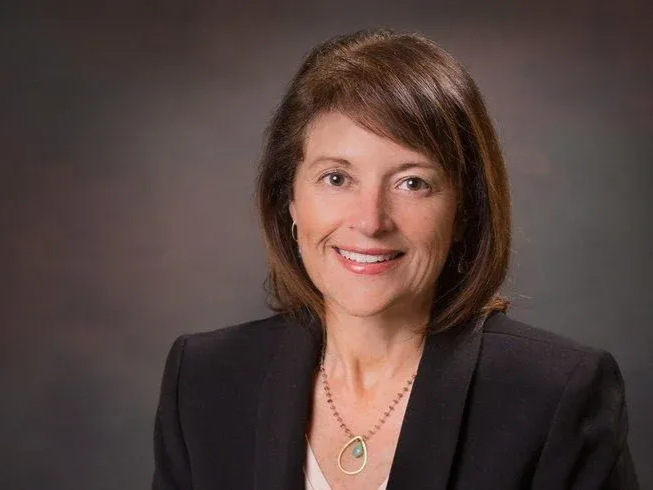 Portrait of a Diane Cherry in a dark blazer against a soft gray background
