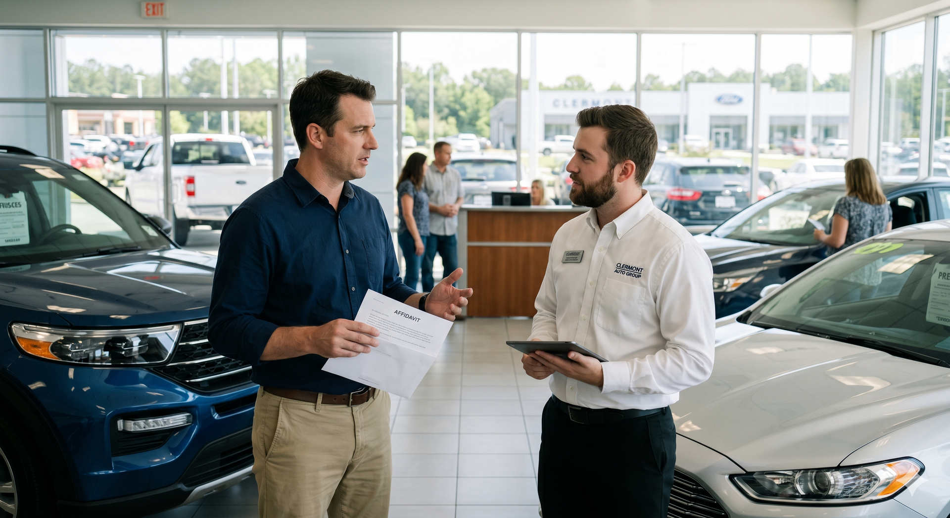 person at a car dealership with a letter in his hand talking to a salesperson