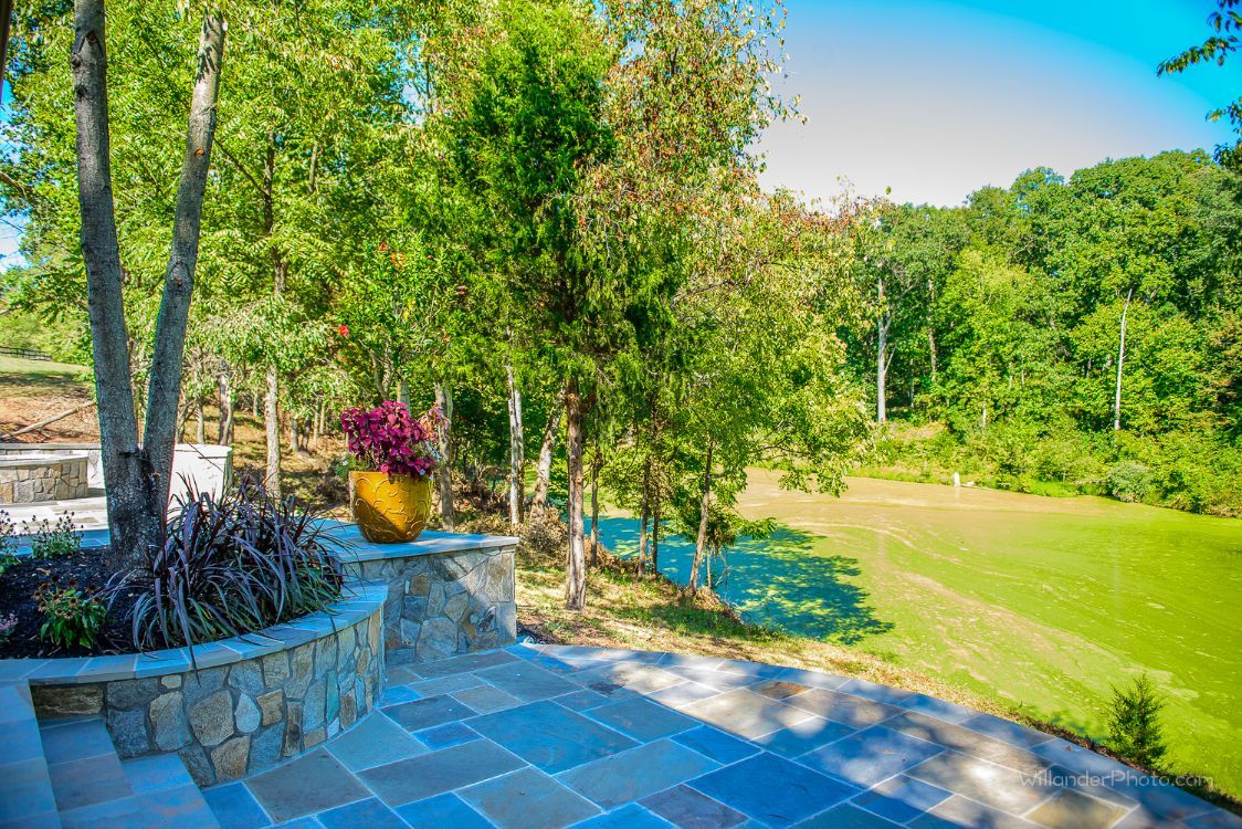 Stone patio with potted flowers beside a green lawn and trees in bright sunlight.