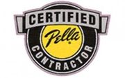 Pella Certified Contractor logo with black, white, and yellow shield design