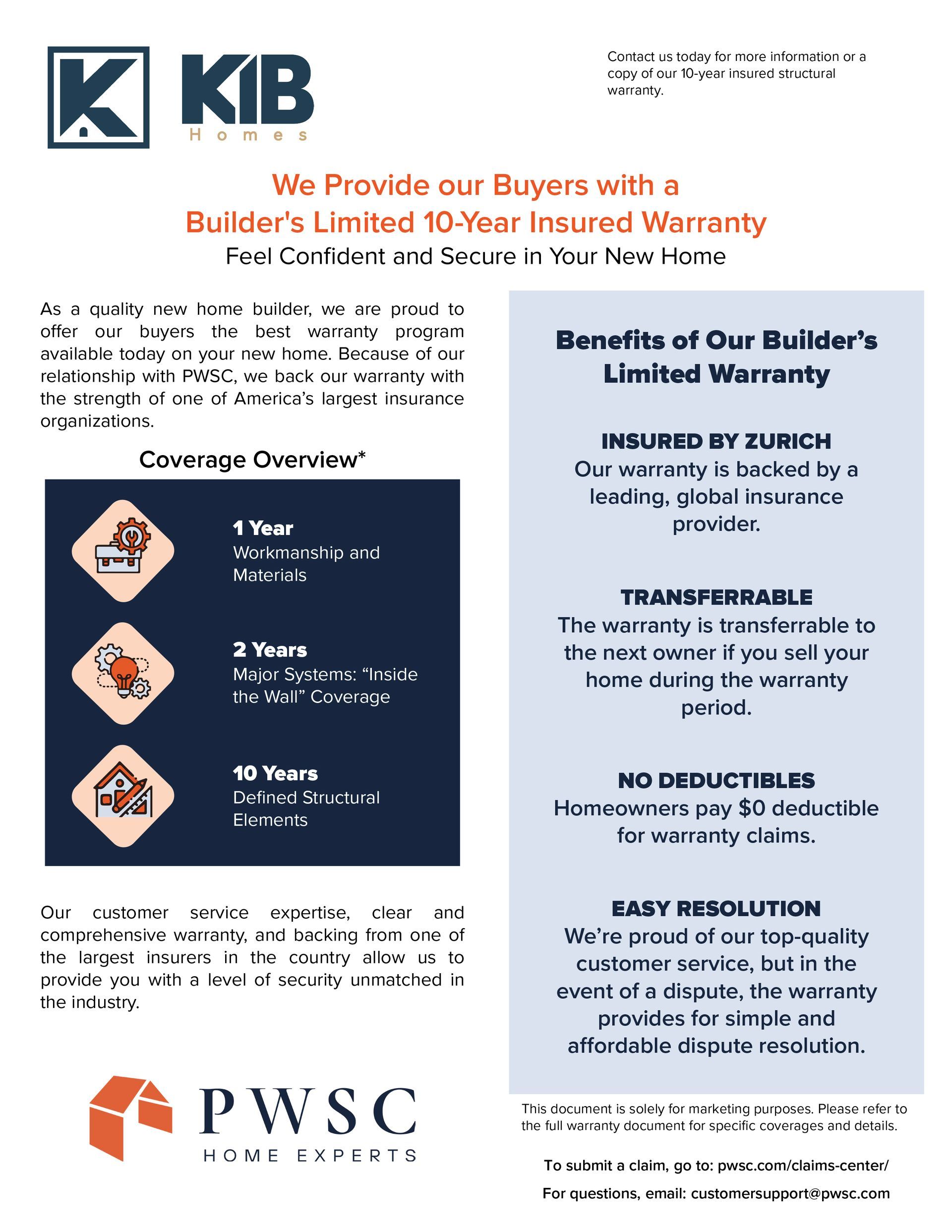 KIB Homes 10-Year Builder's Limited Insured Warranty overview - Backed by PWSC