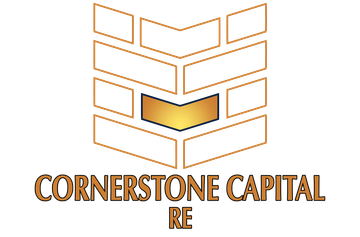 A logo for cornerstone capital ire with a gold arrow
