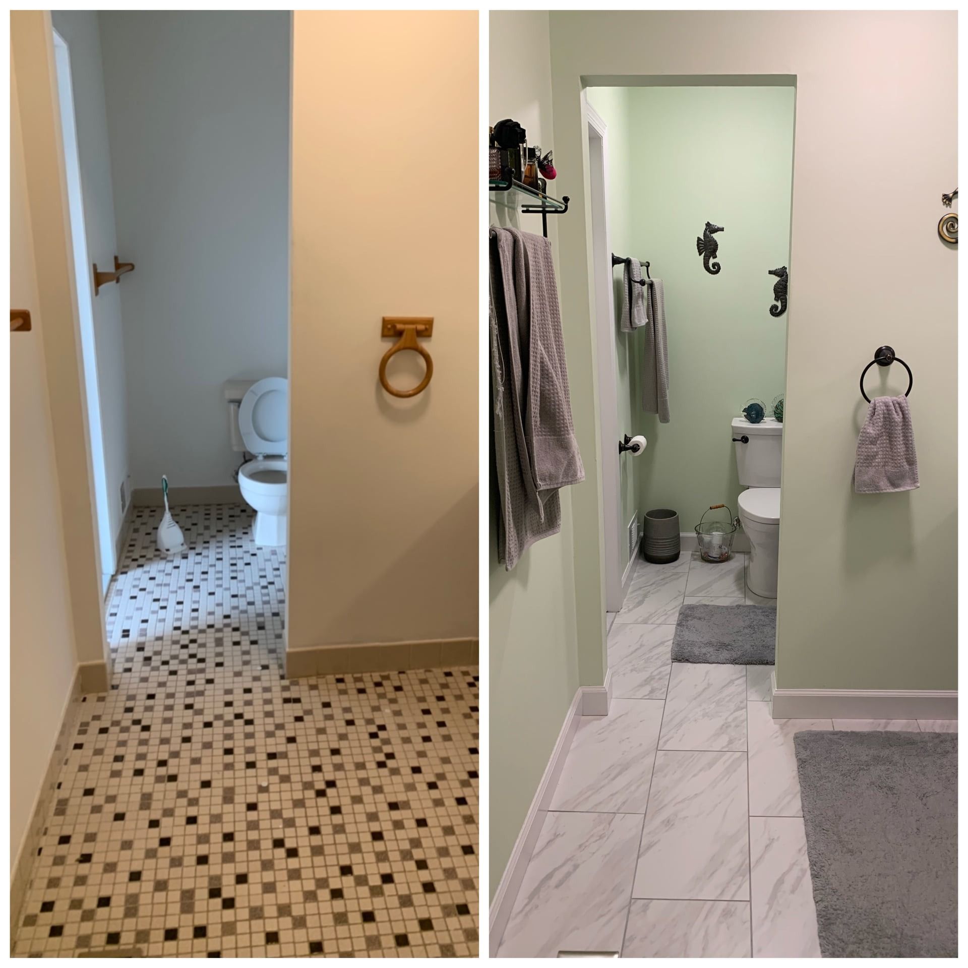Before and after photos of a bathroom. Features a toilet, new tile, and green paint.
