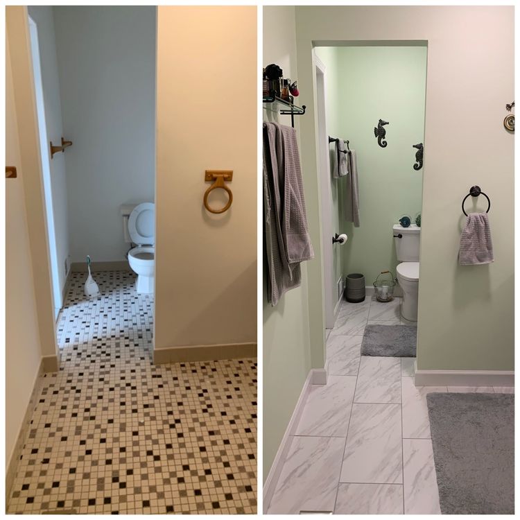 Before and after photos of a bathroom. Features a toilet, new tile, and green paint.