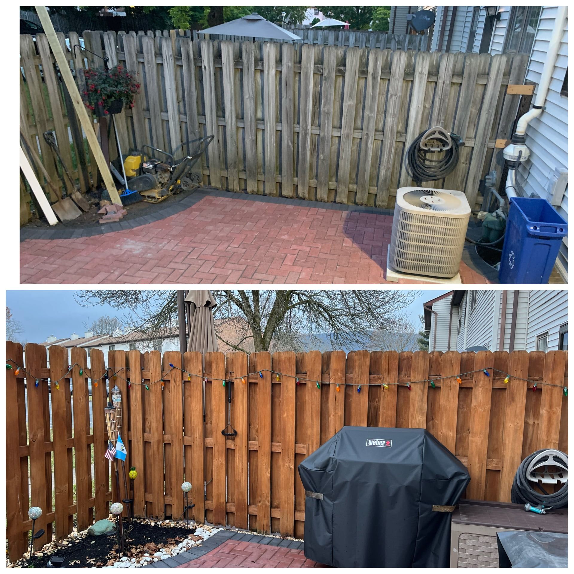 Before-and-after of a wooden fence. The top is weathered, bottom is stained brown with a grill.