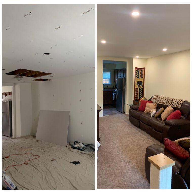 Before and after of a living room renovation.  