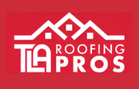 Red logo with white text and house silhouettes. "TLA ROOFING PROS" branding.