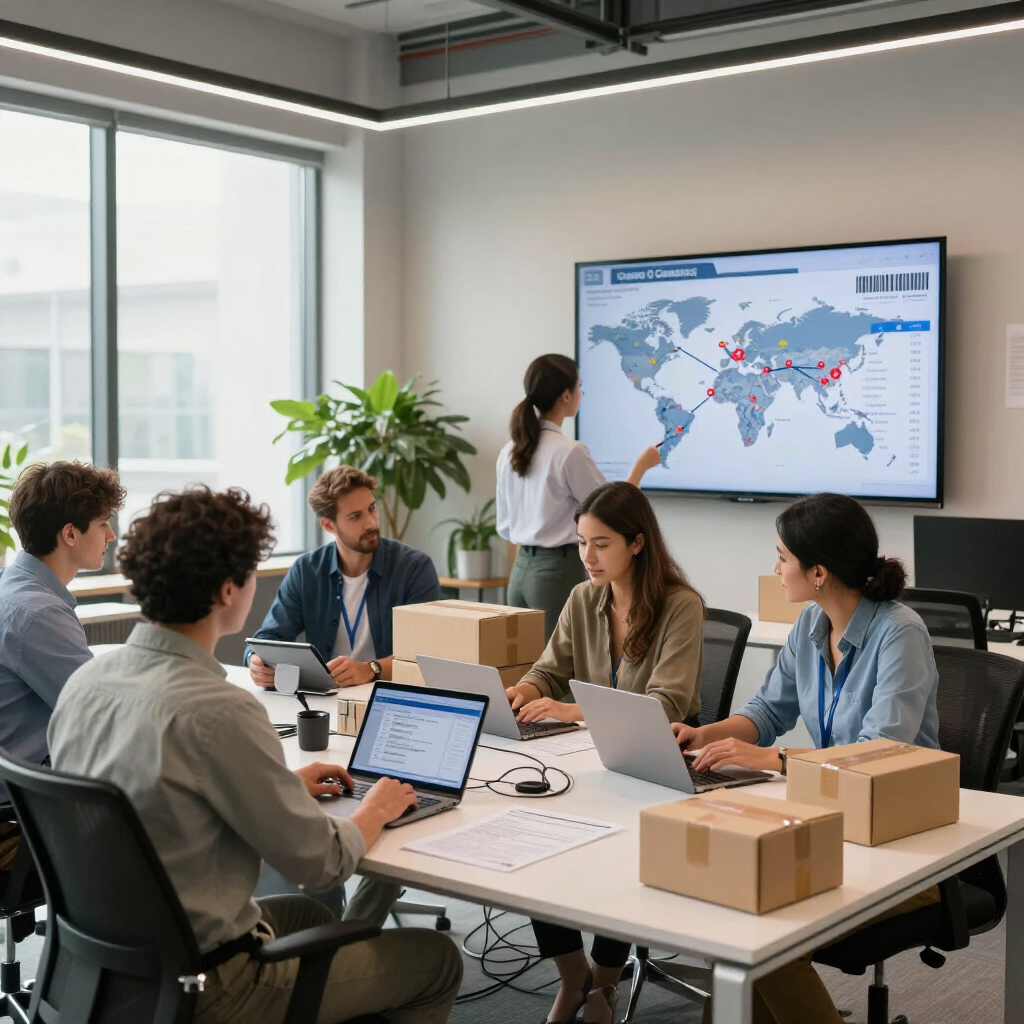 Teamvergadering in een vergaderruimte met laptops en dozen, waarbij een wereldkaart op een scherm aan de muur wordt gepresenteerd.