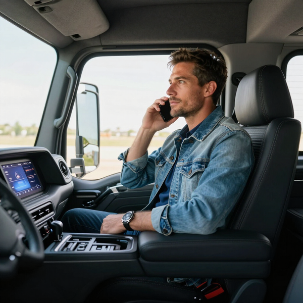 Een chauffeur zit in een vrachtwagencabine te bellen, met een touchscreen dashboard en grote ramen.