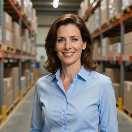 Vrouw in een blauw shirt lacht in een gangpad van een magazijn met opgestapelde schappen.
