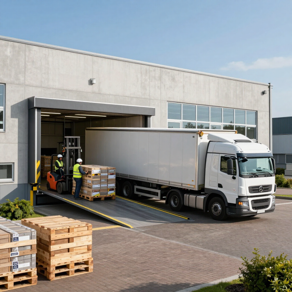 Een witte bestelwagen rijdt achteruit een laadperron van een magazijn op, terwijl medewerkers pallets lossen.