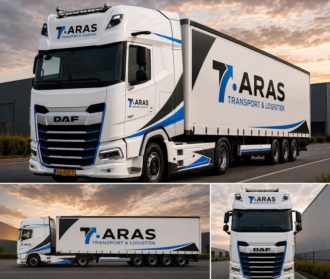 Witte ARAS-vrachtwagen met blauwe accenten, gefotografeerd van voren en van opzij op een weg bij zonsondergang.