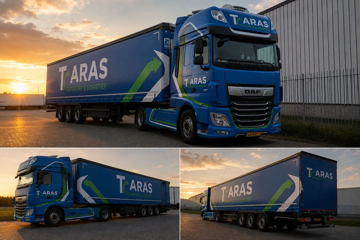 Een blauwe TARAS-vrachtwagen met oplegger, vanuit drie hoeken gefotografeerd bij zonsondergang op een weg.